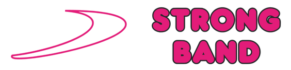 Logo with a pink curved line and 'STRONG BAND' text on a white background