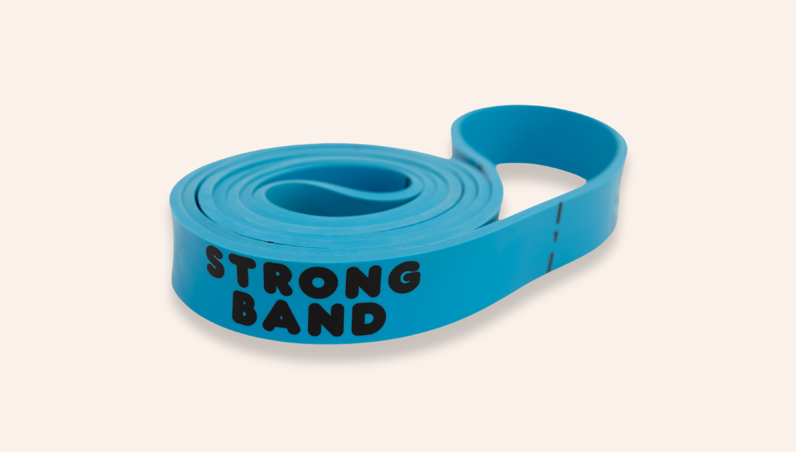 Blue resistance band labeled 'STRONG BAND' on a white background
